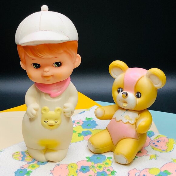 Vintage LOT of 60s Kitsch Squeaky Toys Little Boy -Teddy Bear with Baby Blanket - Picture 1 of 10